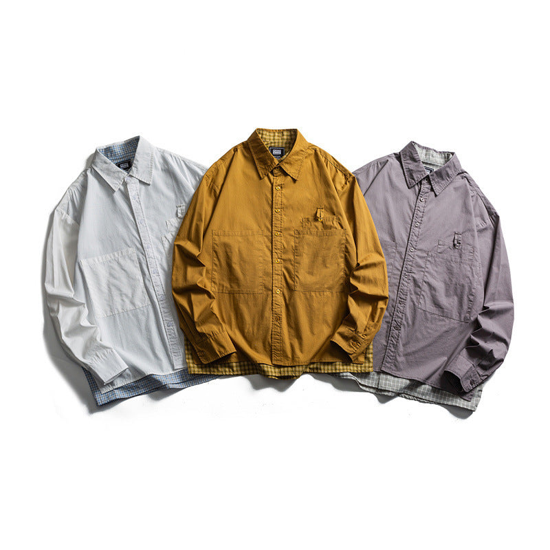 Men's layered look overshirt with patch front pockets, loose fit and checked underlay Chichicherry