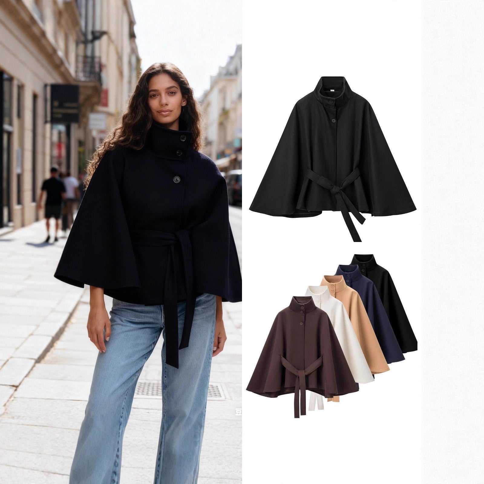 Women's Short Cape Coat with Stand-Up Collar, Concealed Button Placket and Tie Belt Chichicherry