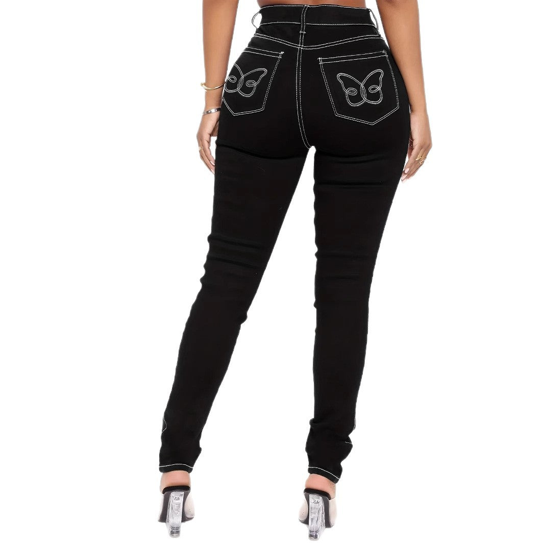 Women's High-Cut Sculpting Skinny Jeans with Contrasted Seam Design and Butterfly Embroidery Chichicherry