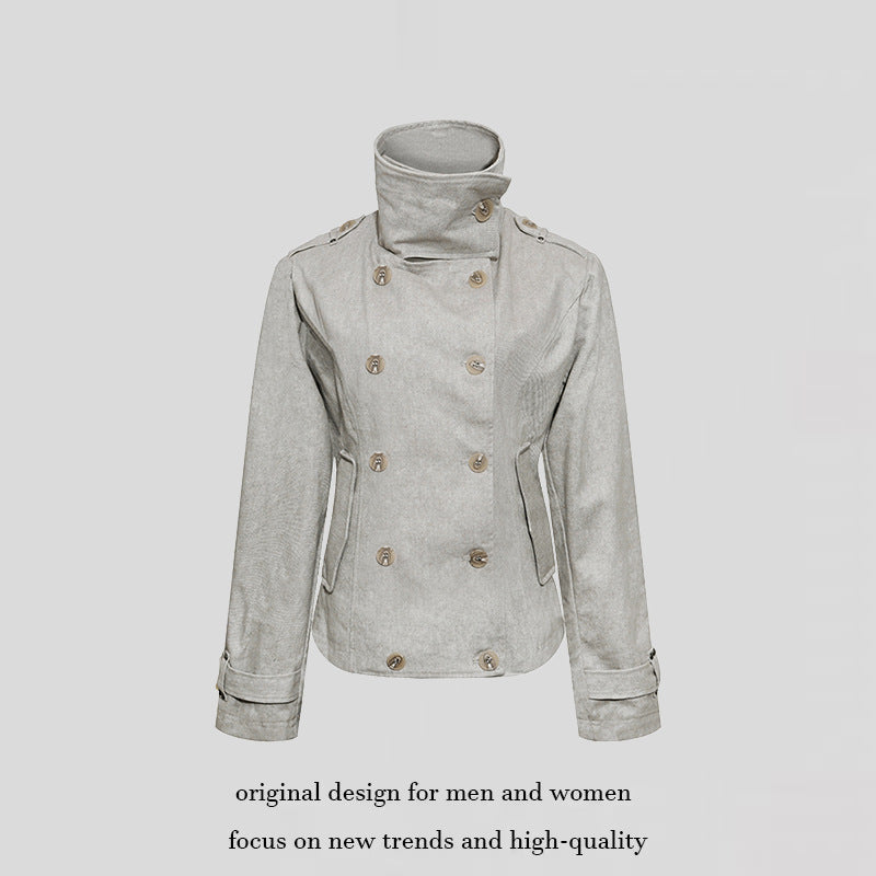 Women Short Double-Breasted Peacoat with Stand Collar and Waist Chichicherry