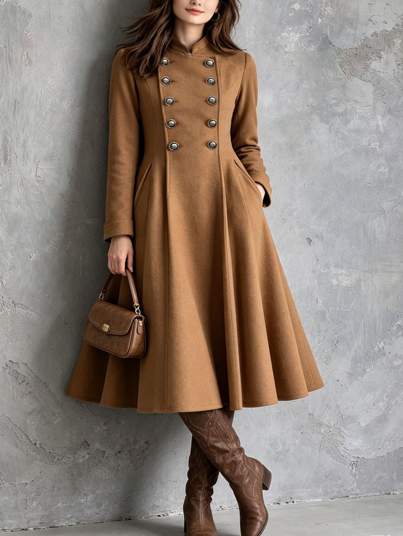 Damen tailliertes Mantelkleid mit doppelreihiger Knopfleiste und ausgestelltem Rock Chichicherry