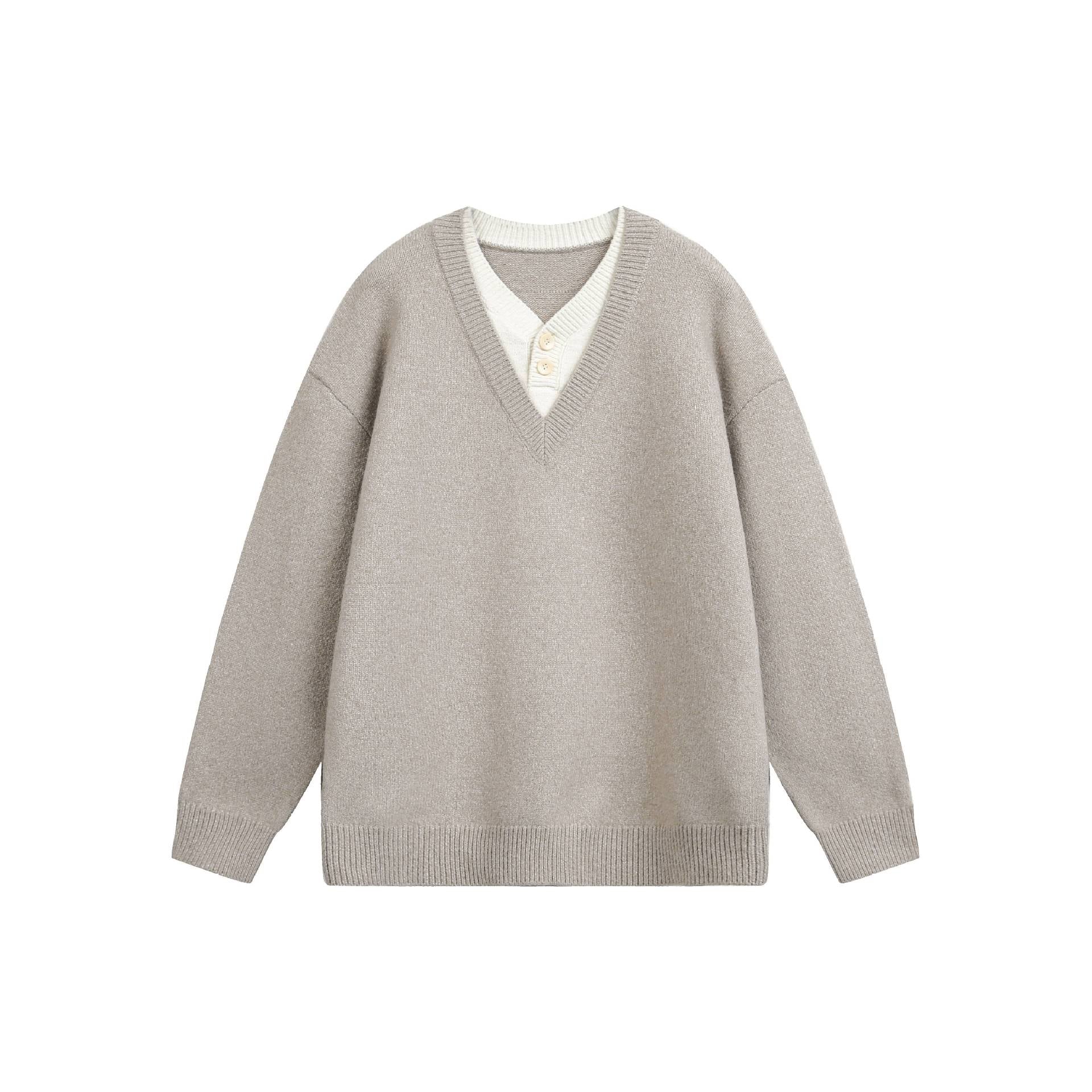 Women Oversize V Neck Knit Sweater with Henley Look and Ribbed Cuffs Chichicherry