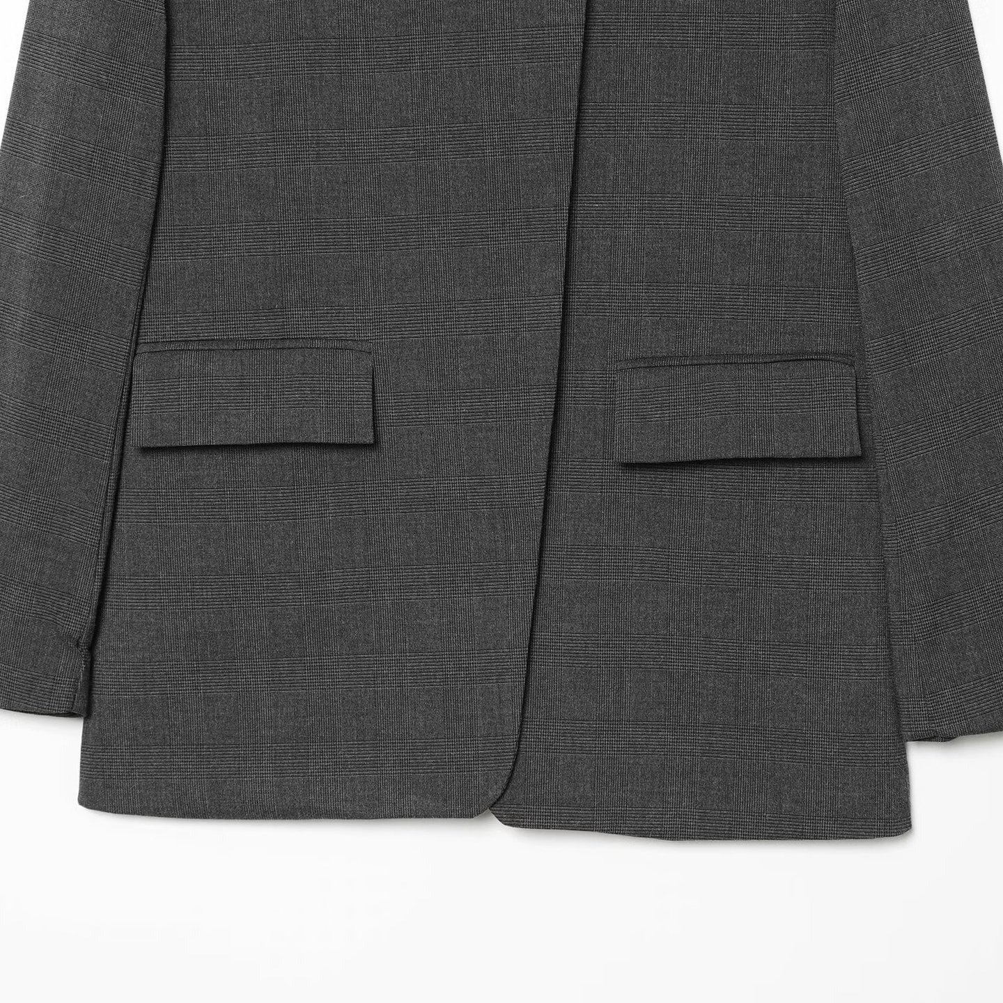 Women Checked Long Blazer with Stand Collar, Concealed Button Placket and Flap Pockets Chichicherry