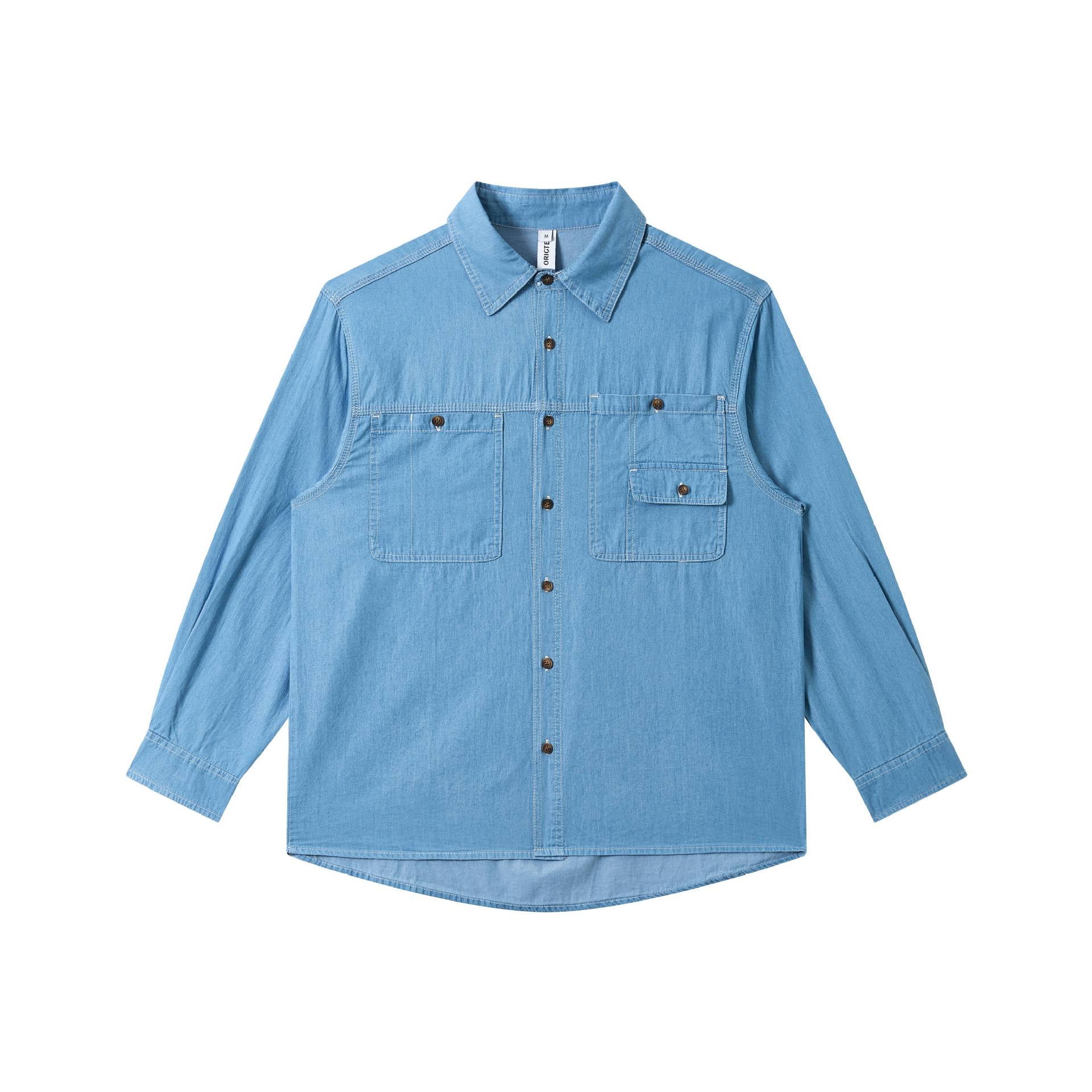 Men's Lightweight Worker Denim Shirt with Boxy Cut, Double Chest Pocket and Rounded Hem Chichicherry