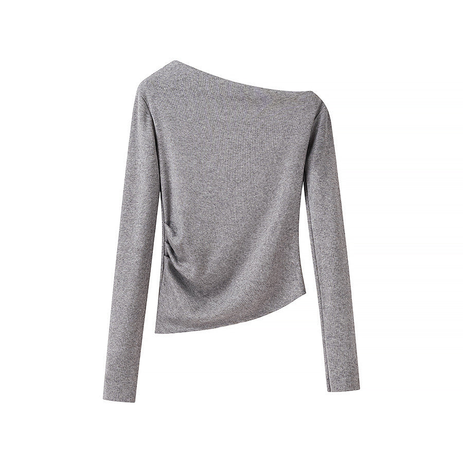 Women Asymmetric One-Shoulder Long Sleeve Top with Ruching Chichicherry