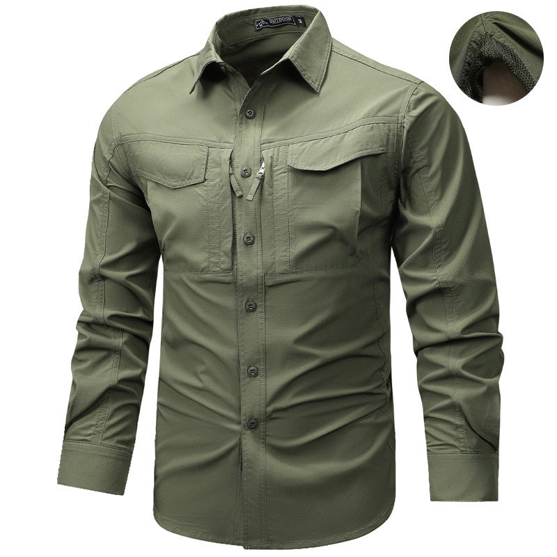 Men's Long Sleeve Outdoor Shirt with Ripstop, Chest Pockets and Zipper Pocket Chichicherry