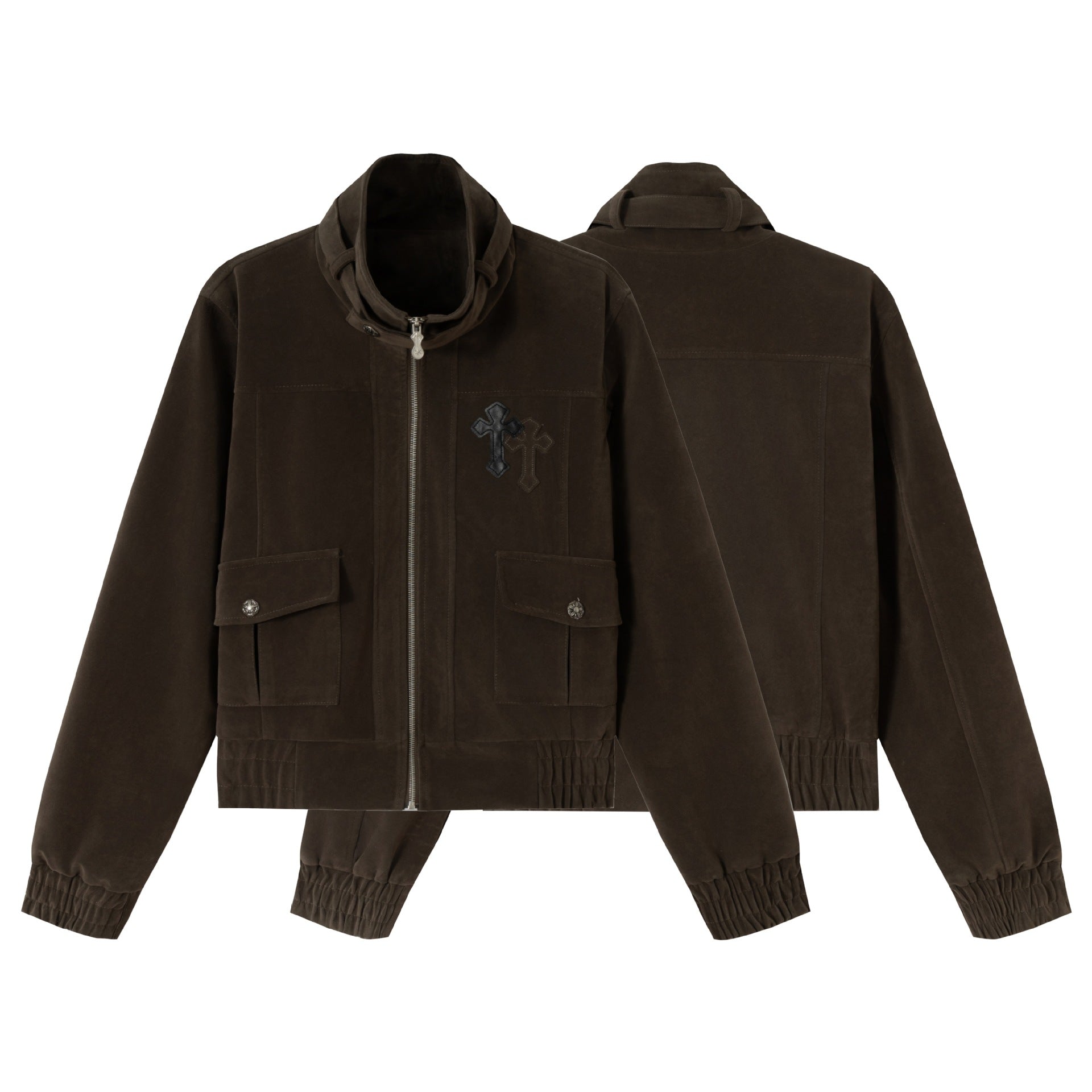Men's short jacket in suede look with funnel collar, cargo patch pockets and decorative cross application Chichicherry