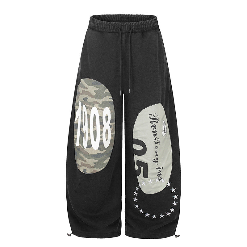 Women Loose Fit Jogging Pants with Camouflage Patches and Drawstring Chichicherry