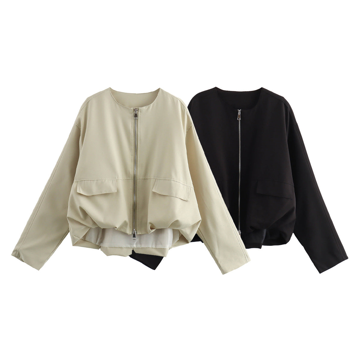 Women Lightweight Cropped Bomber Jacket with Round Neck, Two-Way Zipper and Flap Pockets Chichicherry