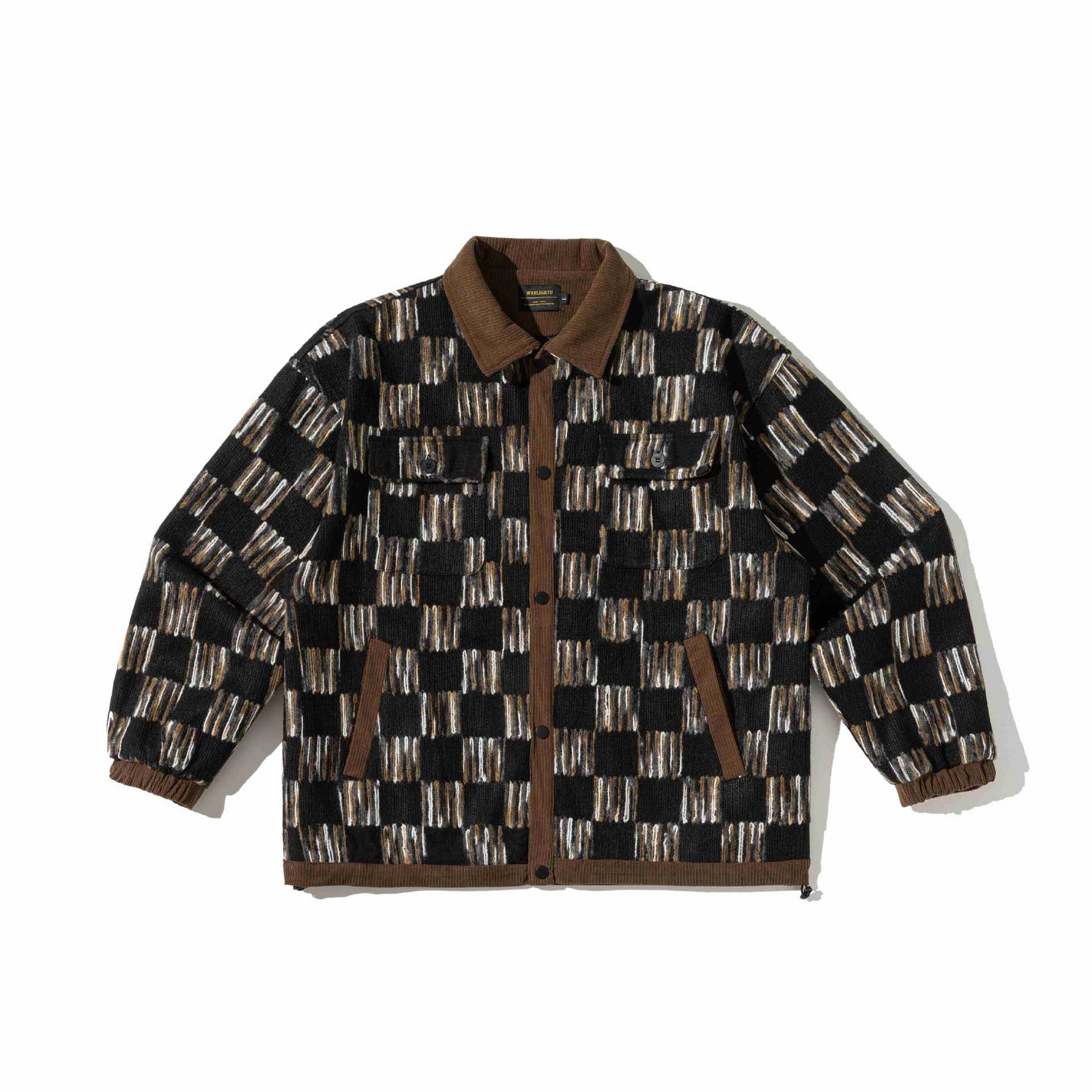Men's patterned wool blend overshirt jacket with cord collar and flap pockets Chichicherry