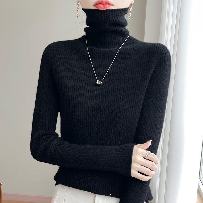 Women's Slim Ribbed Knit Turtleneck Sweater with Ruffled Neck and Cashmere-like Feel Chichicherry