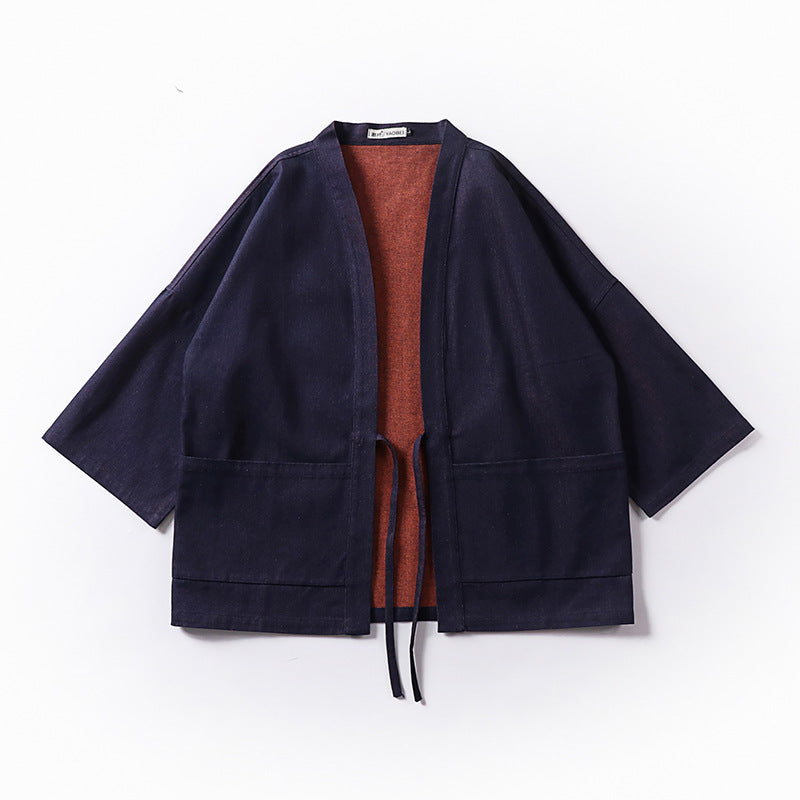Unisex loose-fitting kimono jacket made of cotton denim with tie and large patch pockets Chichicherry