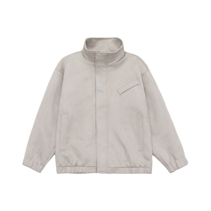 Unisex Short-Cut Stand-Up Collar Fleece Jacket with Concealed Snap Button Placket Chichicherry
