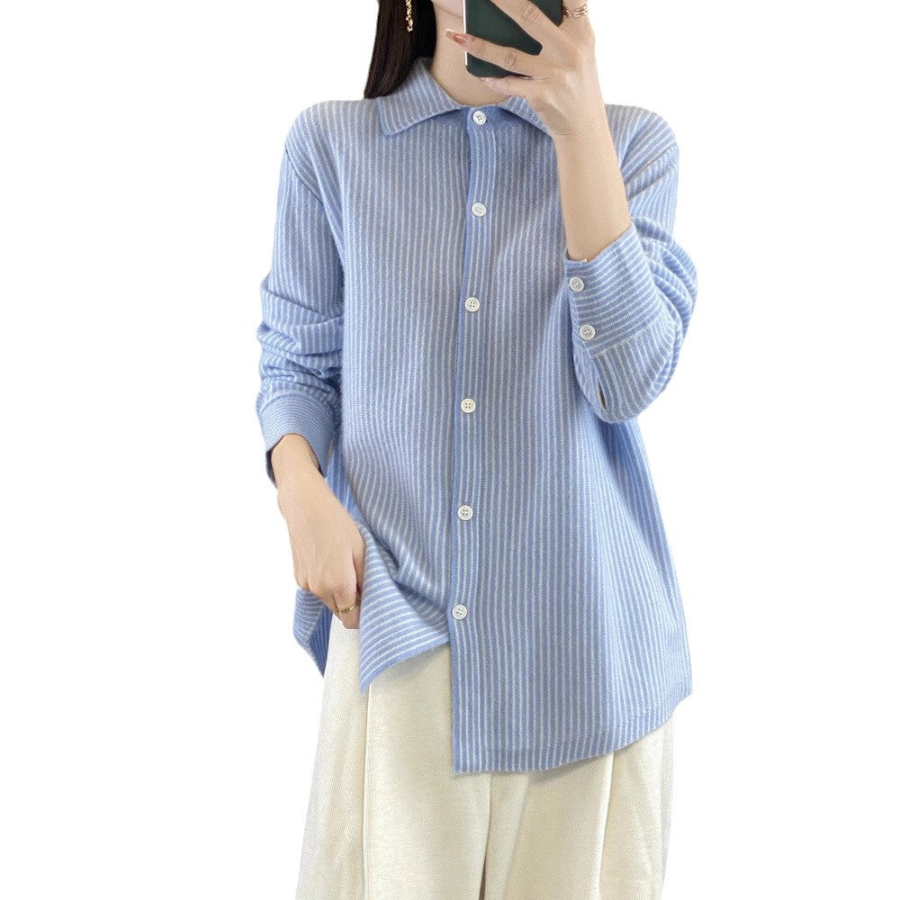 Women's Lightweight Fine Knit Shirt with Polo Collar and Fine Stripes Chichicherry