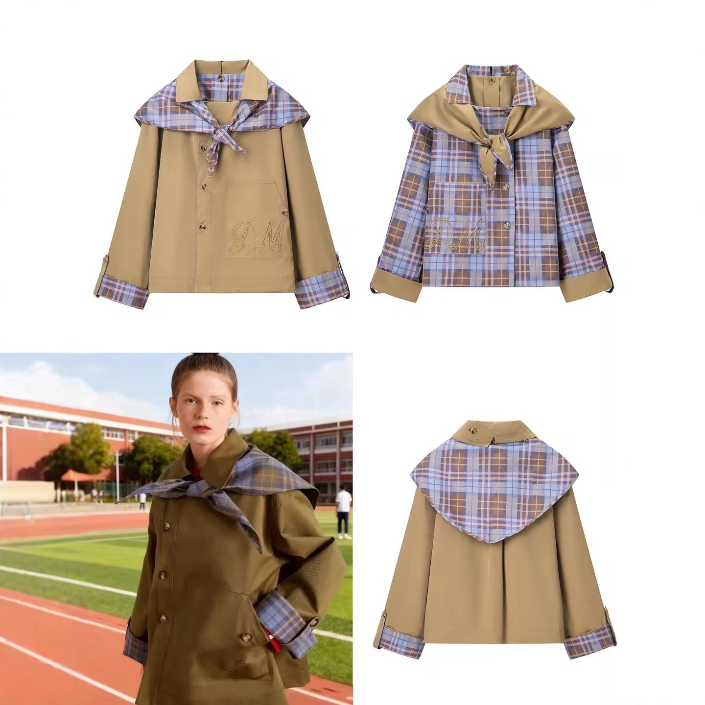 Women's short jacket in trench-cape mix with checked shawl collar bow Chichicherry
