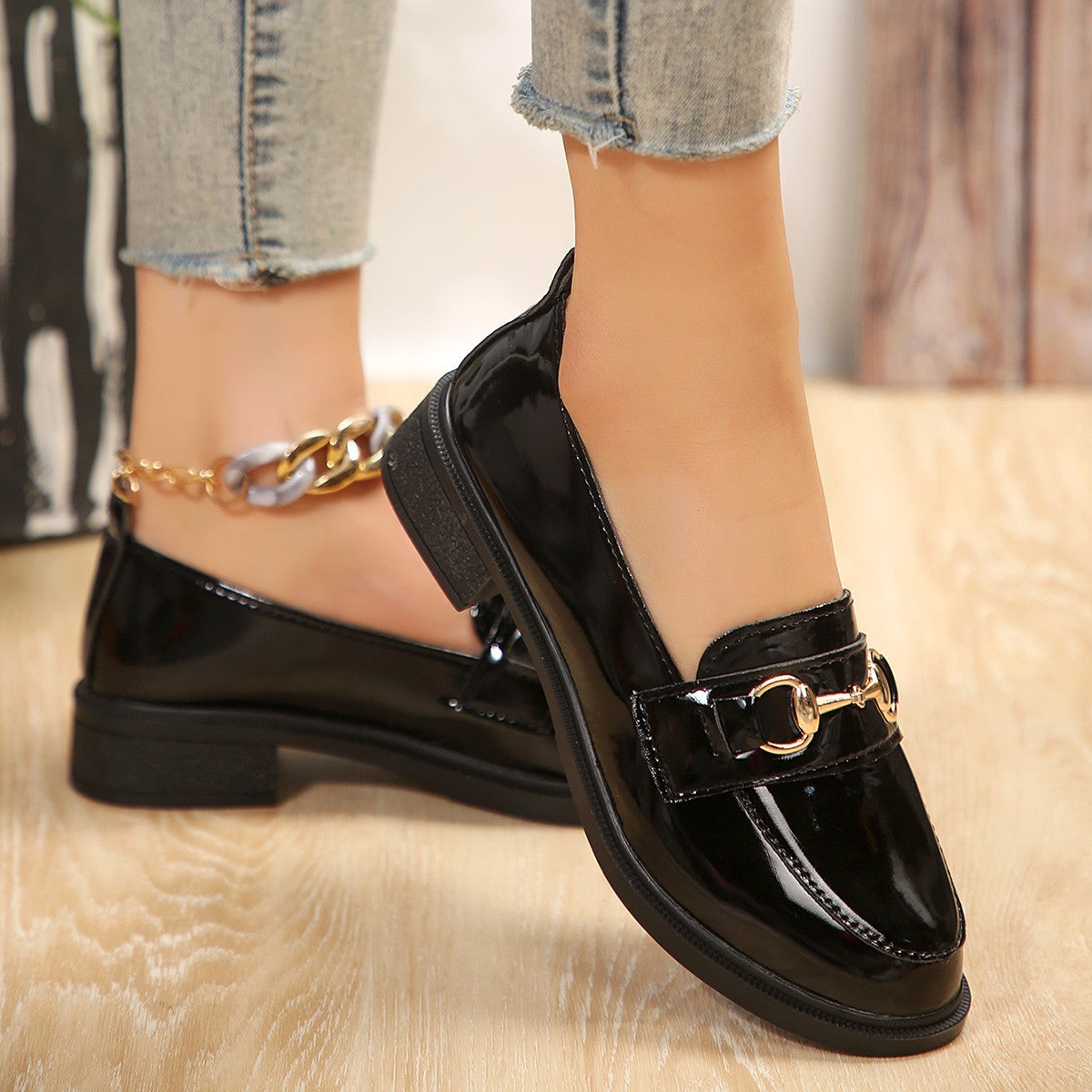 Ladies Patent Leather Platform Loafer with Gold Horsebit Detail and Low Block Heel Chichicherry