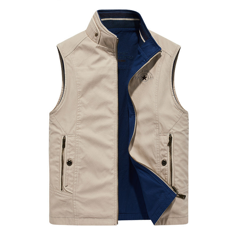 Men's Outdoor Canvas Vest with Reinforced Pockets, Stand Collar and Soft Cotton Lining Chichicherry