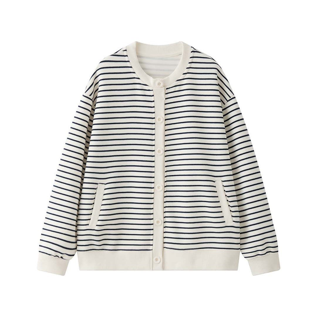 Women's Striped Knit Cardigan Jacket with Button Closure, Side Pockets and Ribbed Cuffs Chichicherry