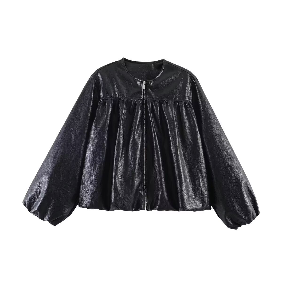 Women's short jacket made of faux leather with gathered yoke and balloon sleeves Chichicherry