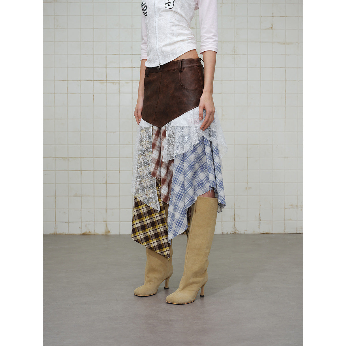 Women Asymmetrical Layered Skirt with Faux Leather Waistband and Plaid Mix Chichicherry