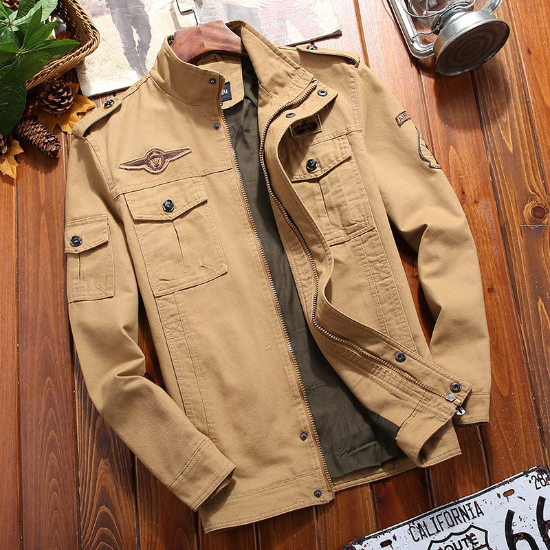 Men's lightweight canvas military jacket with stand-up collar, epaulets, and multiple flap pockets Chichicherry