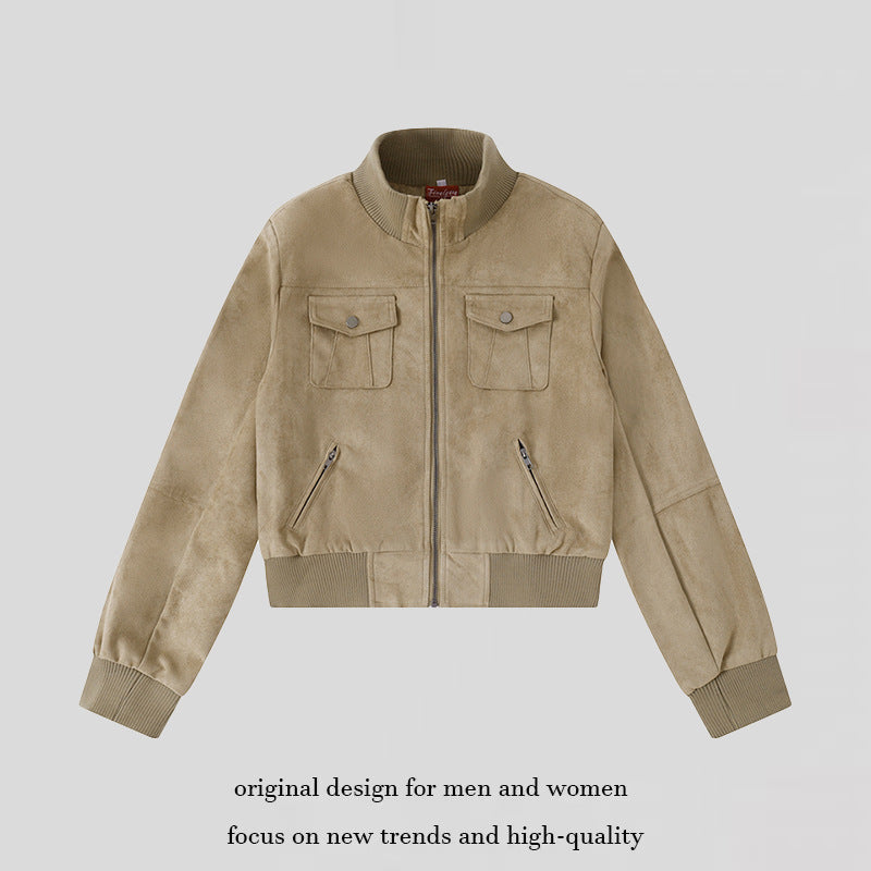 Women's Short-Cut Bomber Jacket Made of Velour Imitation with Chest Pockets and Zipper Pockets Chichicherry
