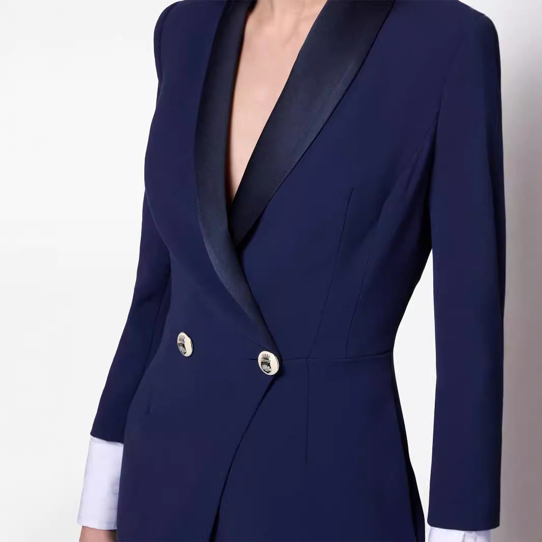 Women's Slim Smoking Blazer Dress in Maxi Length with Satin Lapels and Wrap Look Chichicherry