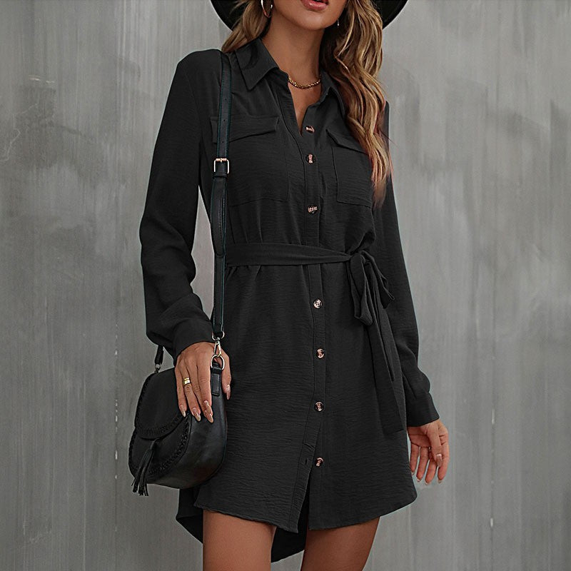 Women's Loose Shirt Blouse Mini Dress with Waist Belt and Patch Breast Pockets Chichicherry