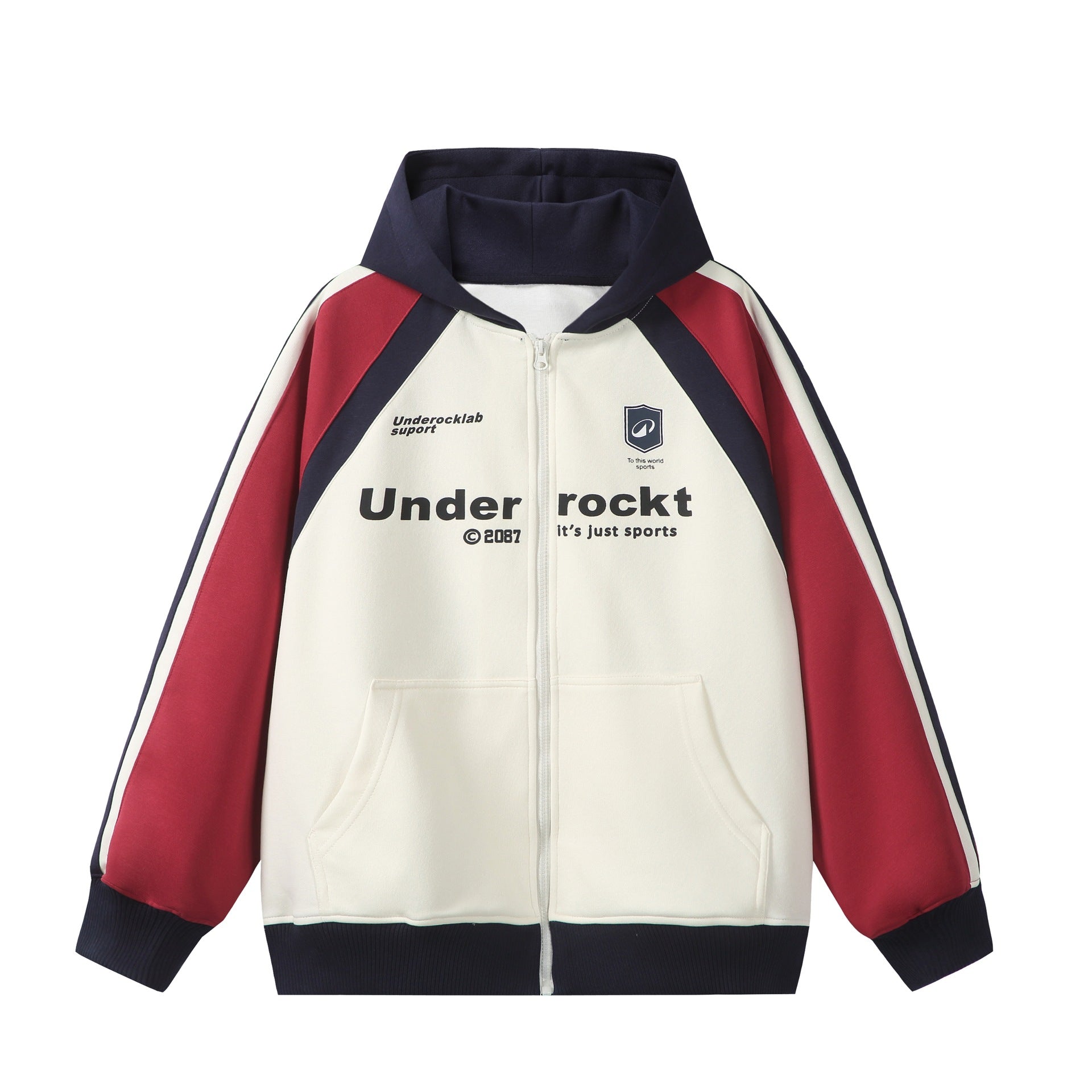 Unisex Hooded Zip Jacket in Retro Sports Style with Color Block Inserts and Kangaroo Pocket Chichicherry