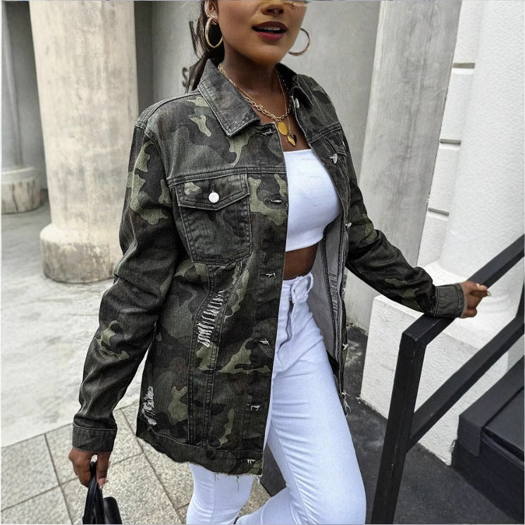 Women Oversize Camouflage Denim Jacket in Extended Cut with Frayed Hem Chichicherry