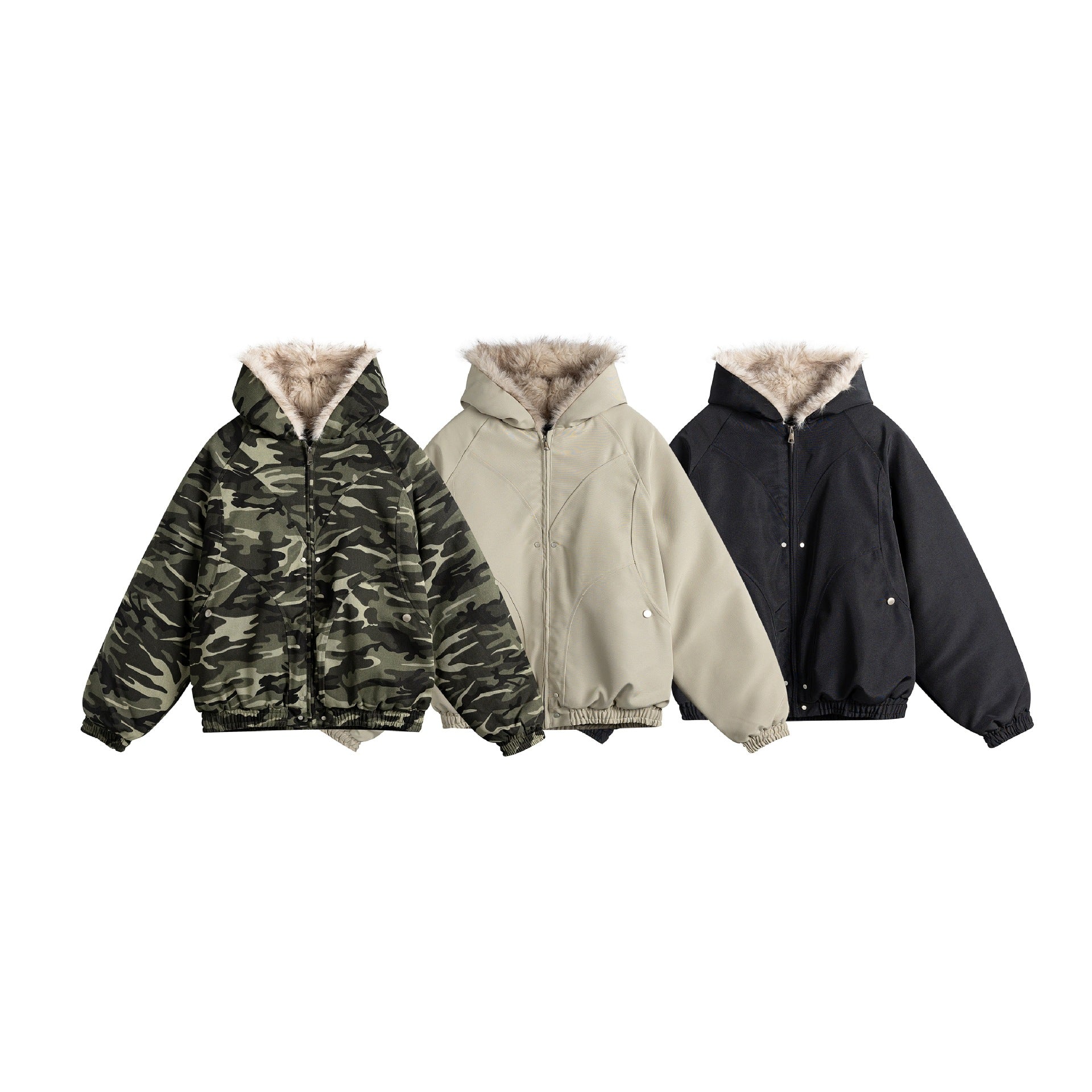 Women Short Cut Camouflage Transition Jacket with Faux Fur Hood and Elastic Hem Chichicherry