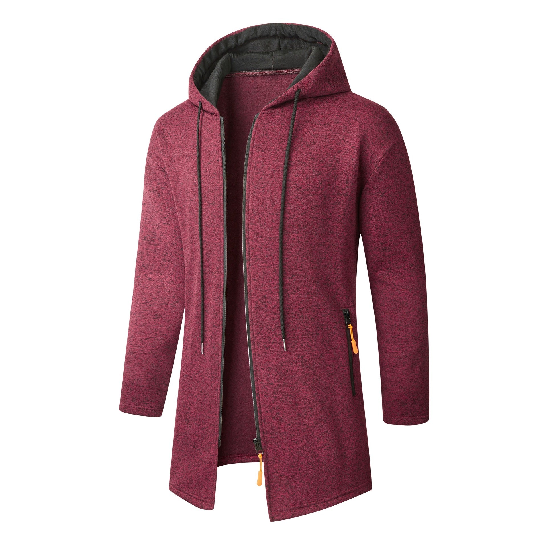Men's Long Knit Coat with Hood, Continuous Zipper & Soft Fleece Lining Chichicherry