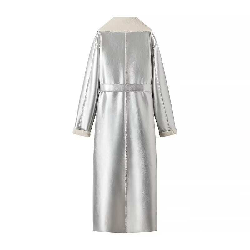Women's longer vegan coat made of faux leather with teddy lining and tie belt Chichicherry