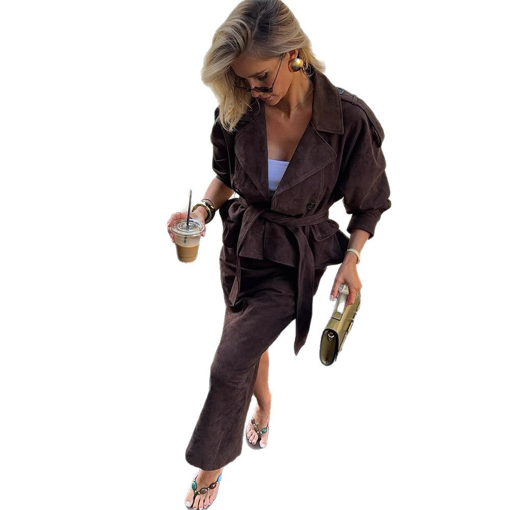 Women Velvet-Suede Trench Coat with Waist Belt and Peplum Silhouette Chichicherry