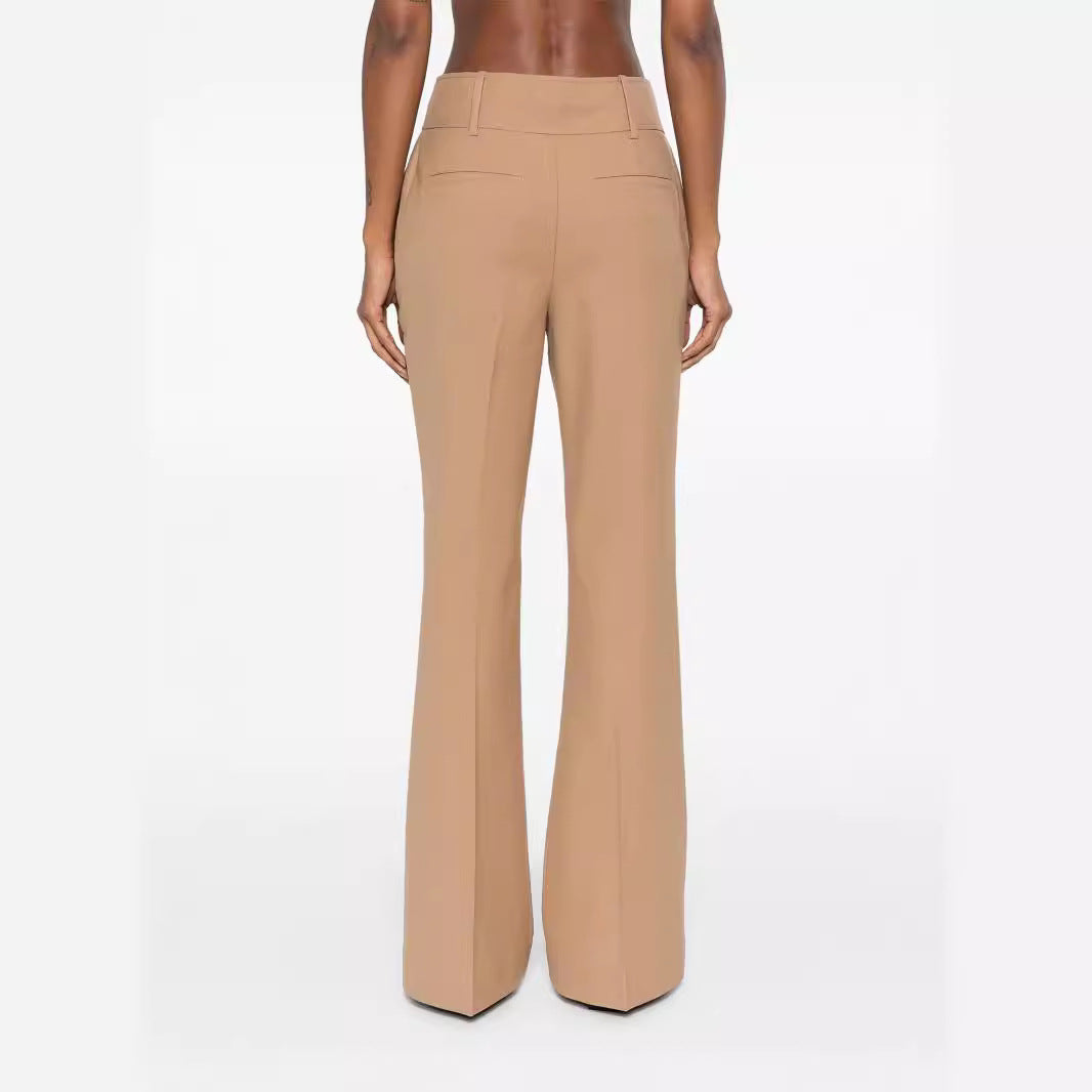Women High-Waisted Flared Wool Blend Tailoring Pants with Crease Chichicherry
