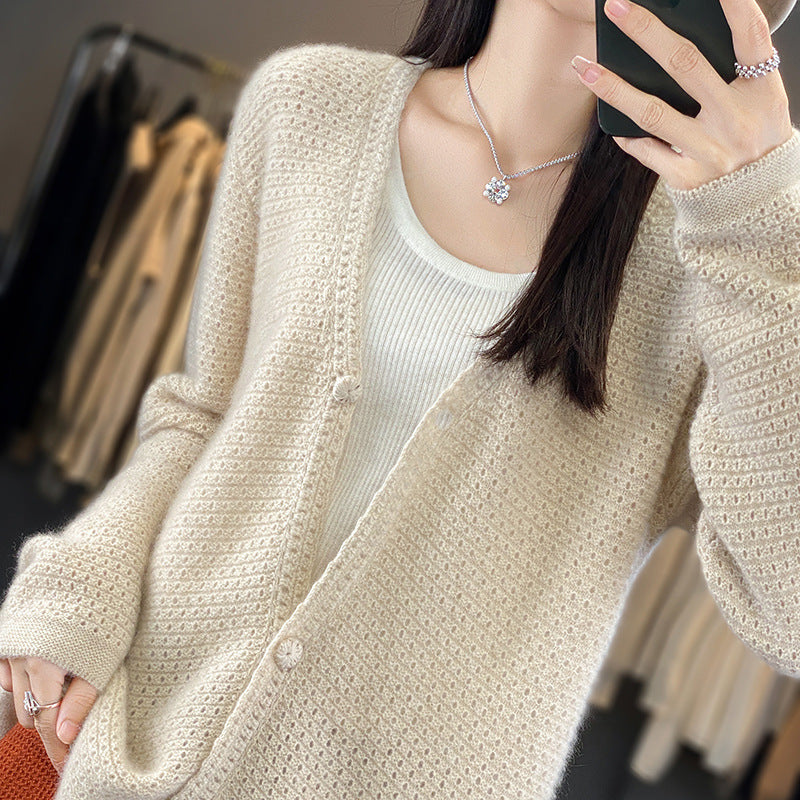 Women's Open Lace Knit Cardigan with Subtle Fuzzy Finish and Boxy Oversized Silhouette Chichicherry