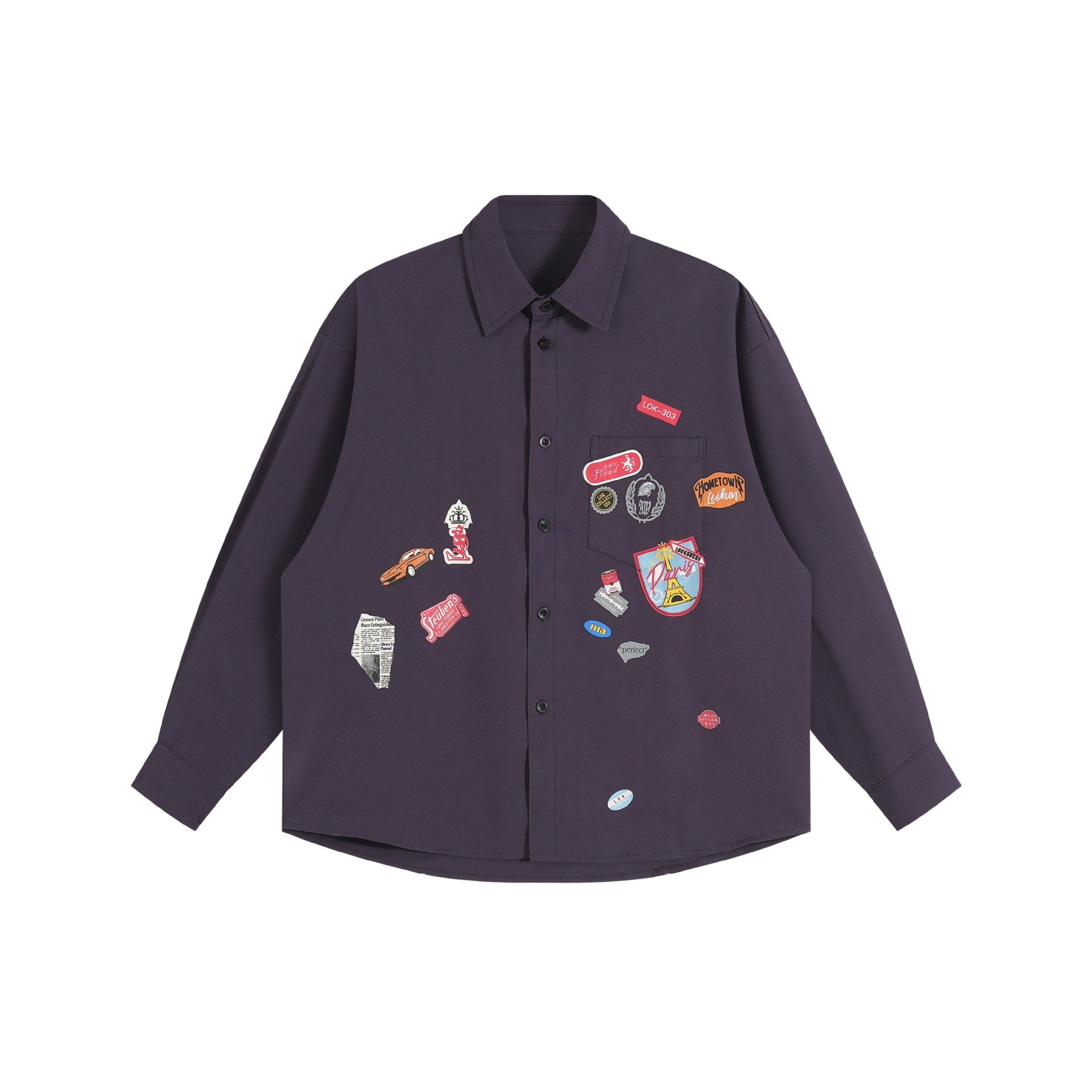 Unisex Loose Button-Down Shirt with vintage-inspired emblem patches and pocket Chichicherry