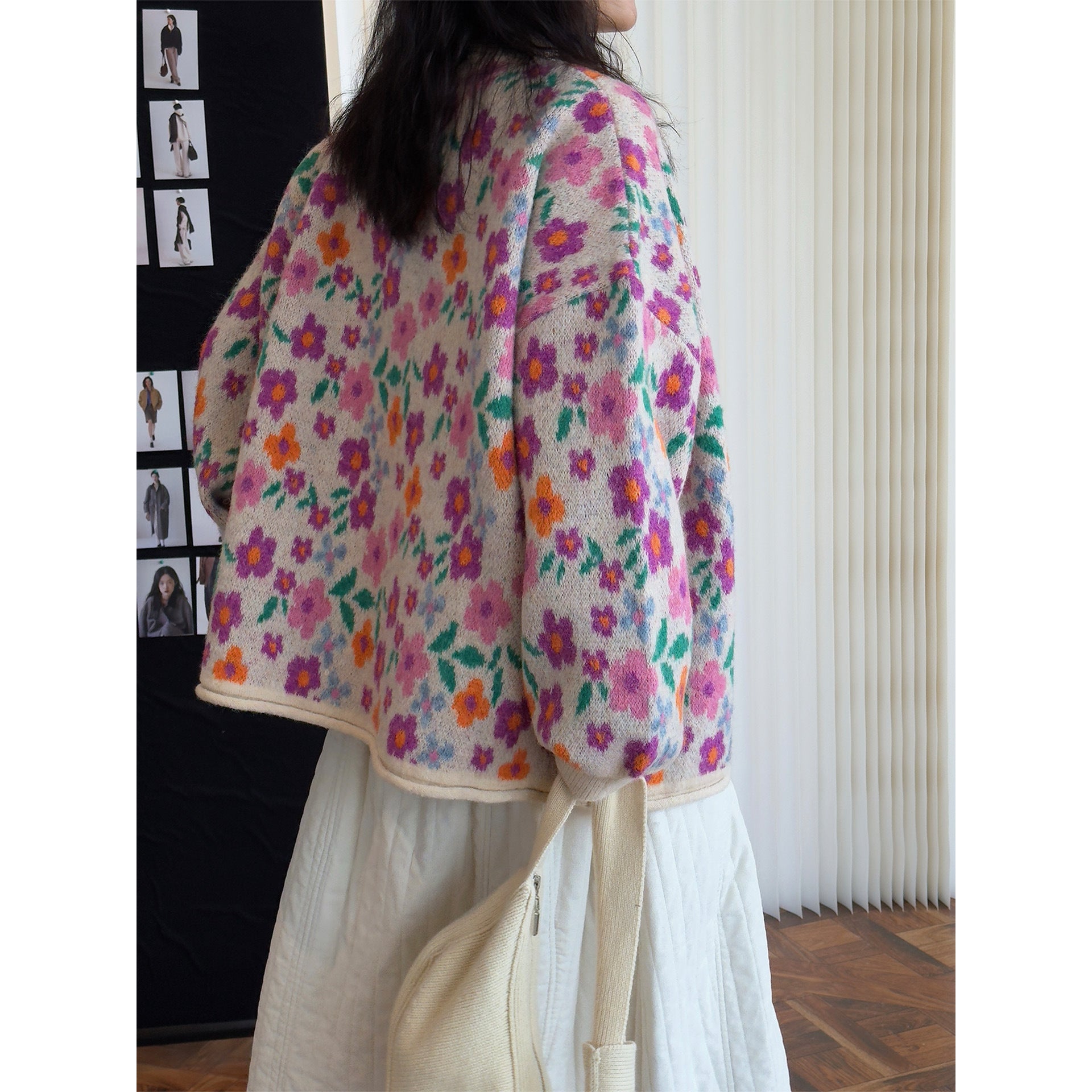 Women's Chunky Knit Button Cardigan in Floral Jacquard with Fluffy Mohair Look Chichicherry