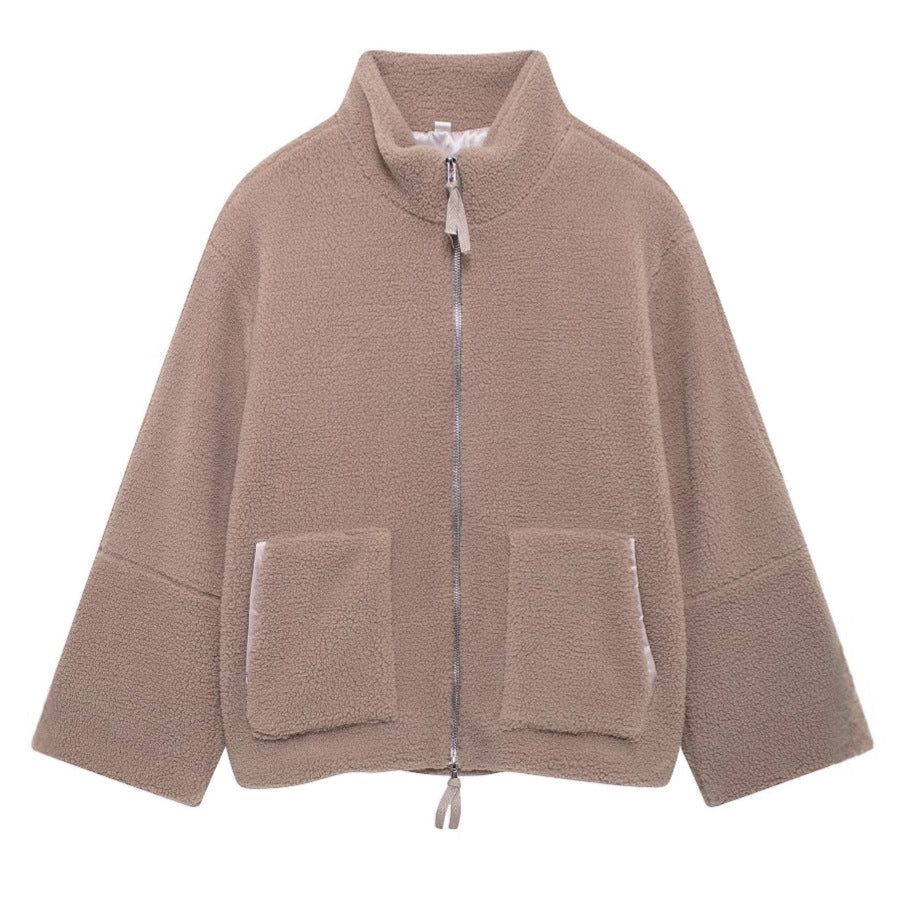 Women's Boxy Teddy Fleece Jacket with Stand-Up Collar, Two-Way Zipper and Patch Pockets Chichicherry