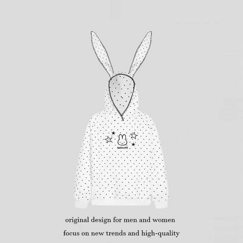 Women's Oversized Hoodie with Bunny Ears, Polka Dot Allover and Kangaroo Pocket
