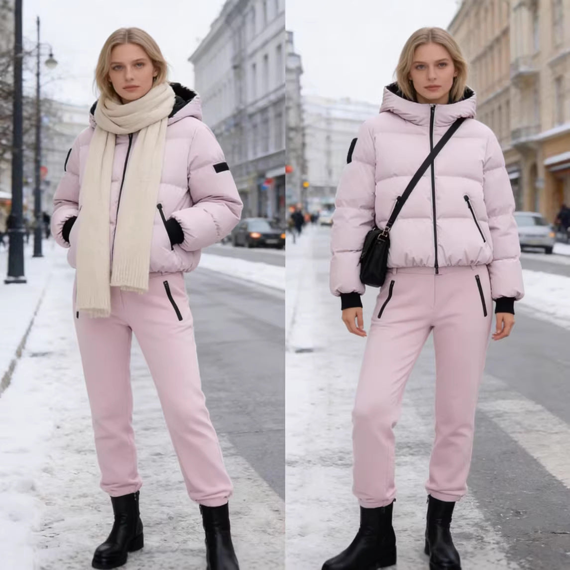 Women's short padded bomber-style hooded jacket with elastic hem and zippered pockets Chichicherry