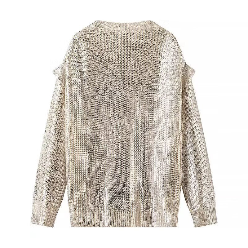 Women's Oversized Knit Sweater with Cut-Out Shoulders and Metallic Shine Chichicherry
