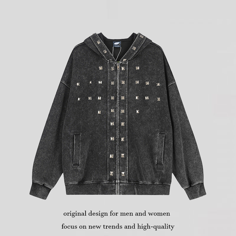 Women Oversize Zip Hoodie with Vintage Wash and Pyramid Studs Chichicherry