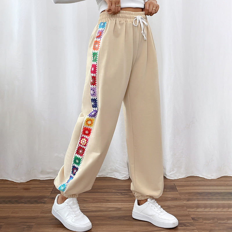 Women Loose Fit Jogging Pants with Elastic Waistband, Drawstring and Colorful Side Stripes Chichicherry