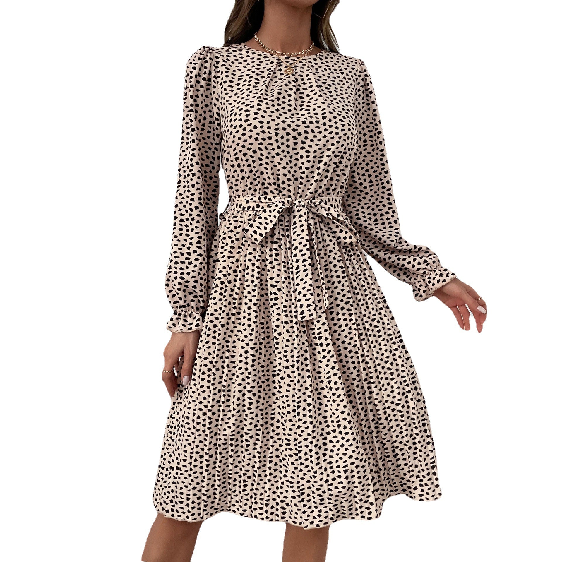 Women Elegant Pleated Midi Dress with Waist Sash, Ruffled Puff Sleeves and A-Line Skirt