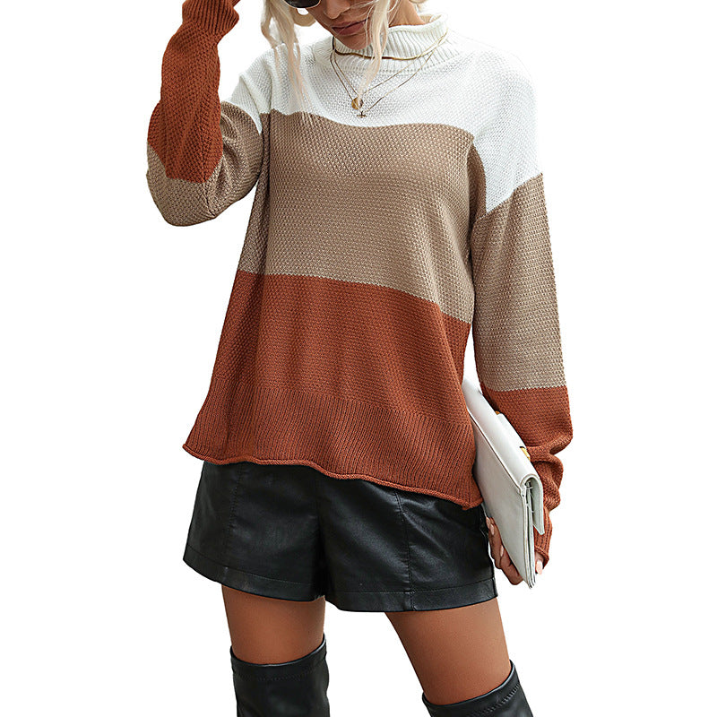 Ladies chunky knit turtleneck sweater in color block style with oversized fit and textured knit Chichicherry