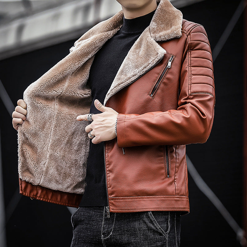 Men's Faux Leather Biker Jacket with Teddy Fur Lining and Quilted Sleeve Detail Chichicherry