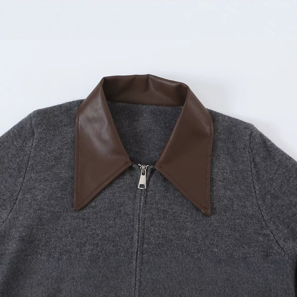 Women Short Wool Blend Cardigan with Zipper and Contrasting Faux Leather Collar Chichicherry