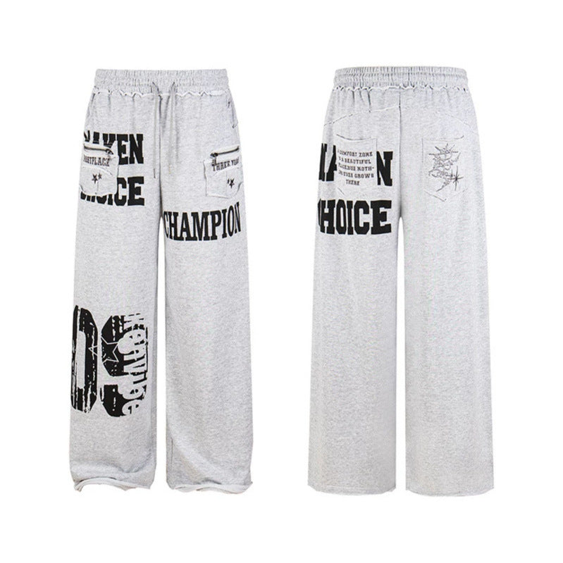 Women's Wide Palazzo Sweatpants with Comfort Waistband, Application Pockets and Typo Print Chichicherry