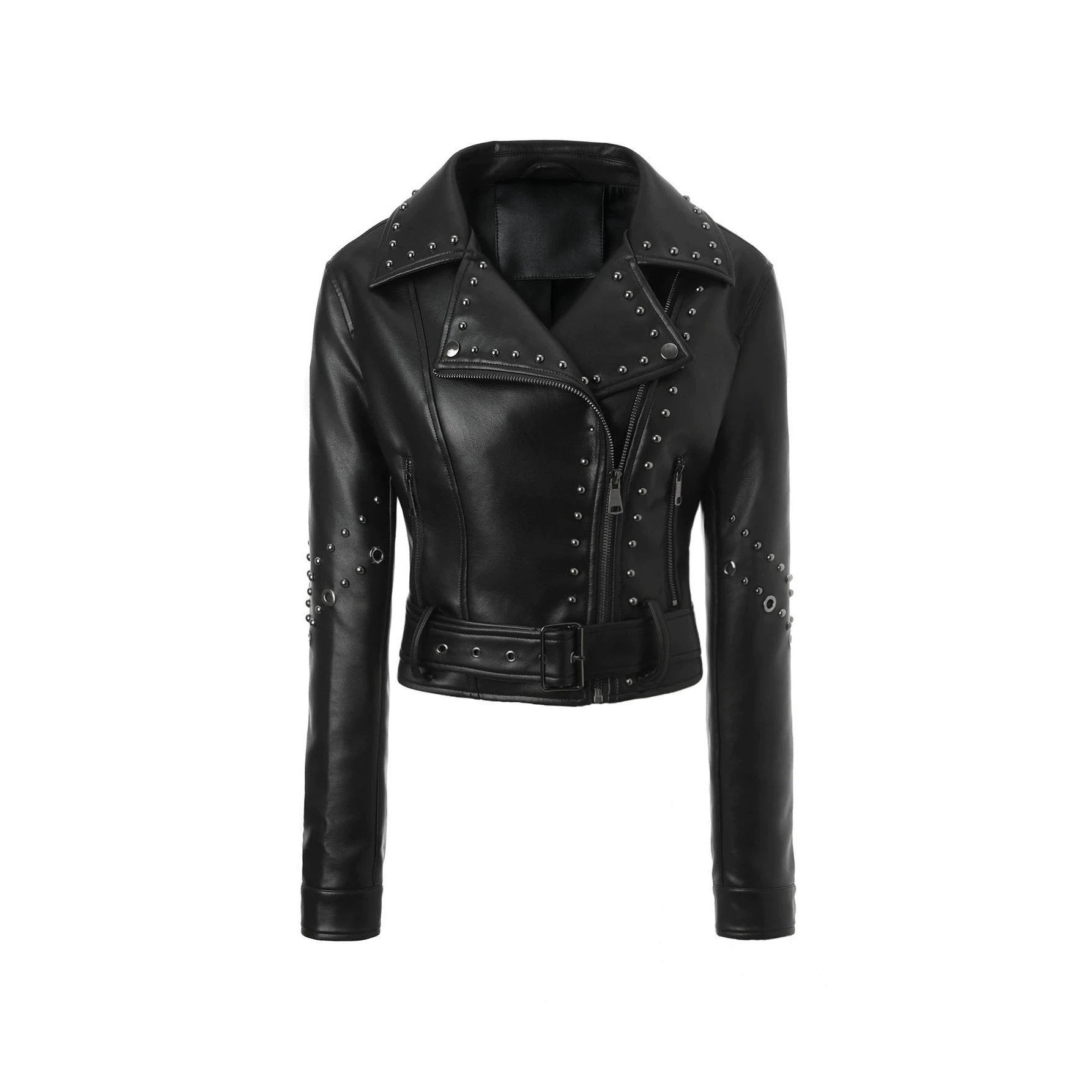 Women's tailored faux leather coat with lapel collar and decorative stitching Chichicherry